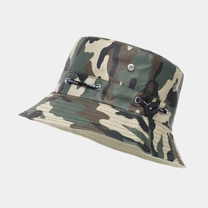 Detail of camouflage boonie hat with metal eyelets and adjustable SPORT toggle cord