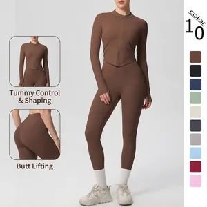 Yoga Femmes Top And Bottom Naked Feel Veste Courte à Fermeture Éclair Brossée Double Face et Leggings à Taille Haute Vêtements de Sport