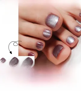 Sparkling purple cat-eye press on toe nails with metallic glitter finish, style #JP2311