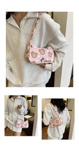 Detailed views of pink shoulder bag featuring brown bear and white polka dot patterns