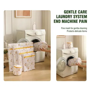 Detail of cartoon bear laundry mesh bags with yellow zippers in various sizes and shapes