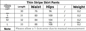 Guide des tailles pour jupe-culotte à rayures avec mesures longueur, taille et hanches