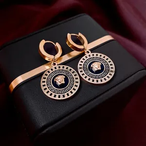 Vintage Luxury Round Drop Earrings Stainless Steel Gold Plated Enamel Relief Portrait Pattern Statement Jewelry