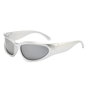 Y2K futuristic silver wraparound sunglasses with grey lenses and sleek matte finish