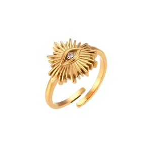 Adjustable 18K gold plated evil eye ring with sparkling sunburst zircon design