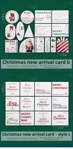 Close-up of minimalist Christmas cards and gift tags set in various festive shapes