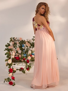 Elegantes einseitig schulterfreies rosa Netzkleid mit Blumenstickerei und Faltenrock