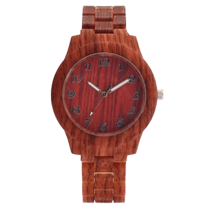 Fashionable women's watch featuring a natural wood grain round dial and matching wooden link strap