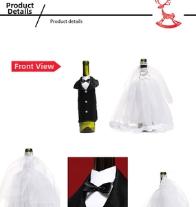 Detail of creative wedding wine bottle covers with tuxedo and white bridal gown mesh lace