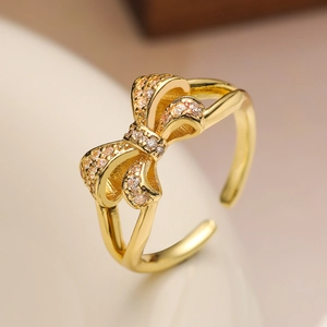 Bowknot Adjustable Open Ring Real Gold Plated Brass Micro Pave Zircon Sweet Elegant Fashion Daily Jewelry For Women