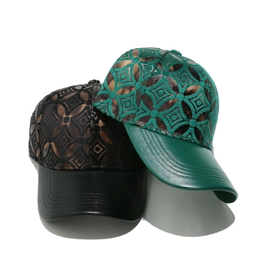 Vintage geometric pattern baseball caps with leather brims in black and emerald green