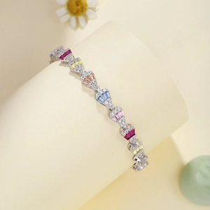 Close-up of S925 silver bracelet with trapezoid-cut colorful zircon gemstones