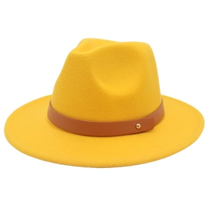 British style bright yellow wool fedora hat with brown leather belt and gold stud