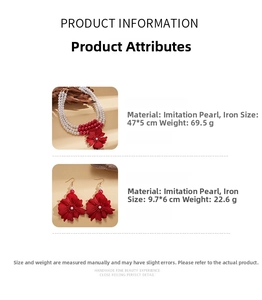 Detailed specs of 3-layer pearl necklace and red flower earrings made of iron and faux pearls