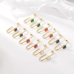Minimalist Titanium Steel U-Shaped Stud Earrings Geometric Vacuum Plated Rectangular Rhinestone Inlaid Jewelry For Women