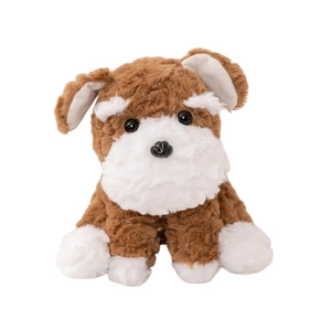 Plush Schnauzer dog toy in sitting pose with fluffy brown and white fur on white background