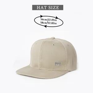 Size chart detail for beige flat brim baseball cap with star embroidery, 56-58cm head size