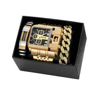 Oulm multi-timezone square gold watch set with black dial and two bracelets in a gift box