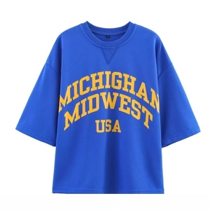 Sweat-shirt bleu à manches courtes avec imprimé jaune Michigan Midwest USA et épaules tombantes