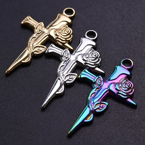 304 stainless steel cross pendants with rose carving in gold, silver and rainbow finish
