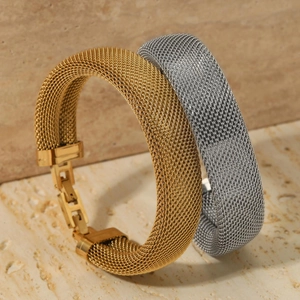 Minimalist mesh bangle bracelets in gold and silver finish with textured steel weaving
