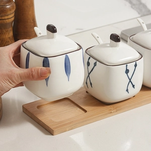 Japanese style hand-painted blue ceramic seasoning jar set with wooden base and spoons