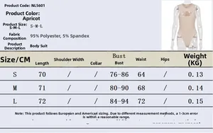 Detailed size chart for apricot sleeveless cutout U-neck bodysuit with measurement guide