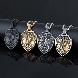 Archangel Michael Shield Pendant Necklace Stainless Steel Retro Punk Religious Saint Michael Protection Jewelry For Men