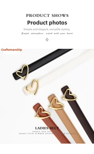 Detail of thin women's belts with heart-shaped metal buckles in five varied colors