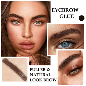 Macro view of eyebrow glue brush and dark brown swatches for a fuller natural look