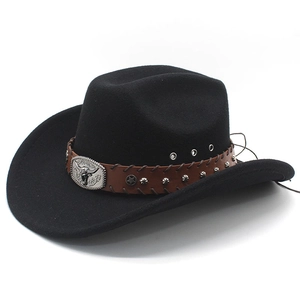 Classic black wool western cowboy hat with brown leather band and bull head ornament