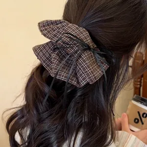 Plaid scrunchie with long black ribbon bow for women hair ties in vintage Korean style