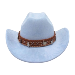 Light blue faux felt western cowboy hat with ethnic woven band and silver metal coins