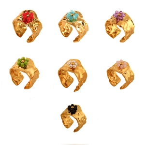 18K Gold Plated Stainless Steel Hammered Open Ring With Colorful Flower Rhinestone Adjustable Bead Ring For Women Fashion Jewelry