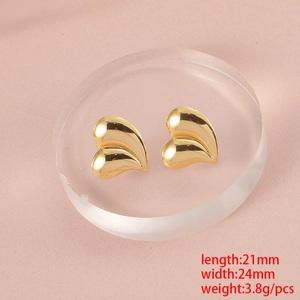 Polished stainless steel heart earrings in gold finish with product size measurements