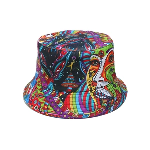 Detailed view of bucket hat featuring vibrant psychedelic art and abstract faces