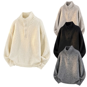 Men's Henley Neck Mock Neck Sweater Loose Fit Knit Top Long Sleeve Warm Pullover Winter Casual Solid Color Knitwear
