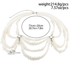 Detailed view of layered white pearl body chain with silver chains and size parameters