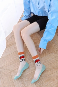 Detail of sheer glass silk socks featuring vintage oil painting watermelon pattern