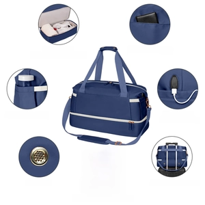 Detail view of large navy gym bag with separate shoe compartment and USB charging port