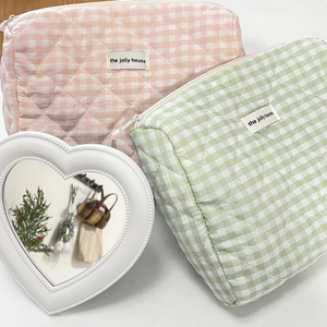 Pink and green plaid quilted cotton makeup bags with cute heart mirror detail