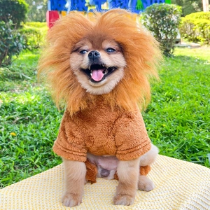 Lion mane costume for dogs and cats featuring fluffy brown faux fur and plush lining