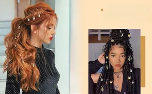 Detail view of dreadlock jewelry set with shell and star charms on hair braids