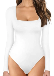 Detailed view of a white long-sleeve bodysuit with a square neckline for women