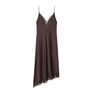 Deep brown satin slip dress with lace trim and asymmetric hem on white background
