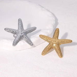 Stainless Steel Starfish Open Ring 18K Gold Plated Textured Sea Star Adjustable Finger Jewelry For Women