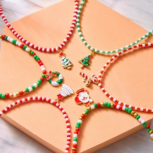 Handmade Christmas Beaded Necklace Women Seed Beads Alloy Enamel Santa Claus Christmas Tree Pendant Holiday Jewelry