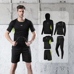 Men's 5-piece athletic compression set with black quick-dry shorts and leggings