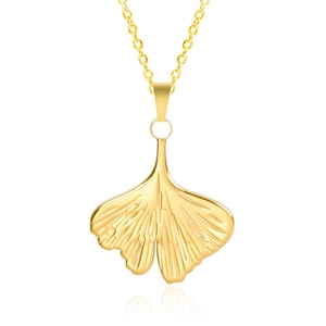 Detailed close-up of golden ginkgo leaf pendant necklace on white background