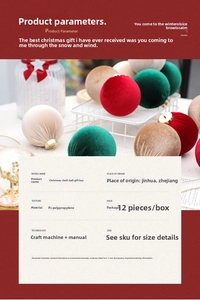 Detailed close-up of 12 velvet fabric-covered Christmas balls in red, green, and beige